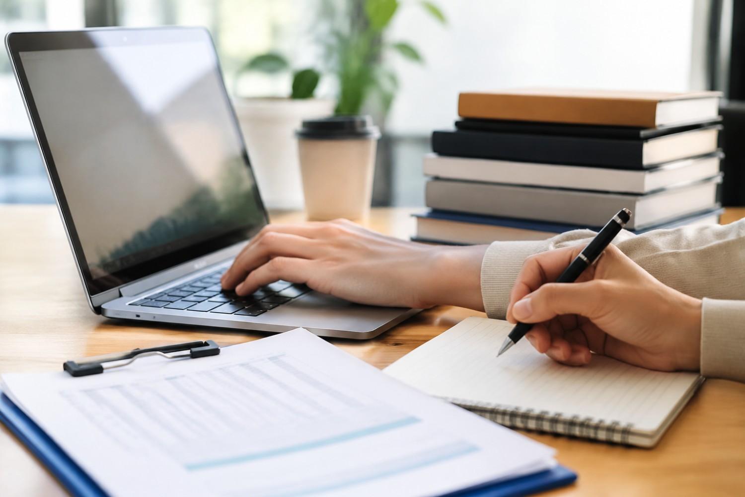 "Student preparing a graduate finance application using a laptop, documents and notes on a study desk"